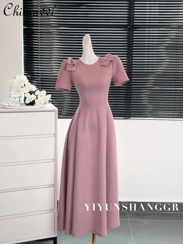 

French Retro Hepburn Style Round Neck Short Sleeve 3D Bow High Waist Slim Fit A-line Pink Evening Long Dress Women Summer 2024