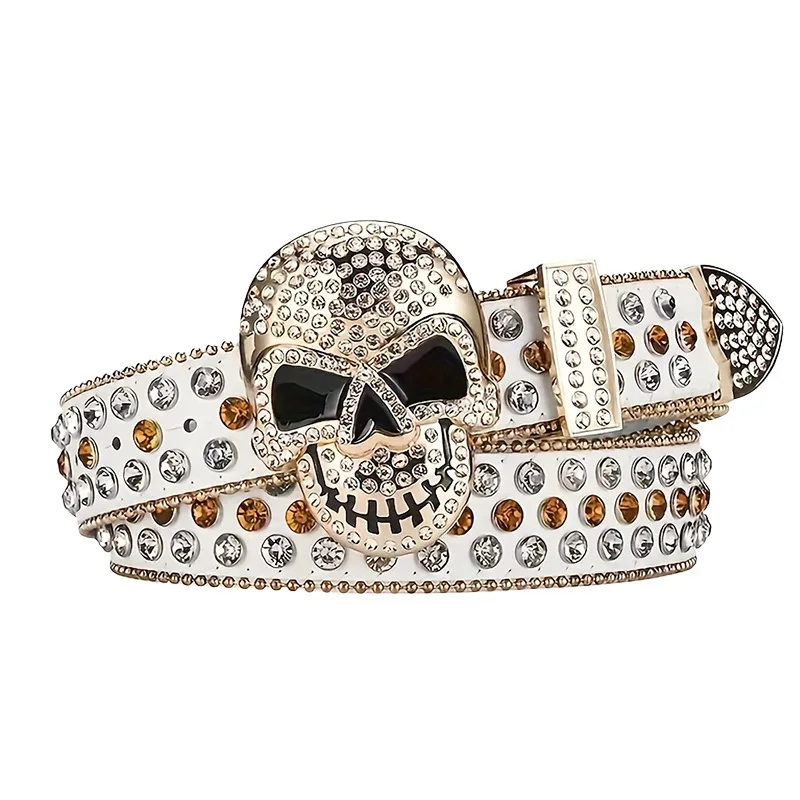 Trendy and Personalized Belt, Punk Style Girl's Unique Head Rivet Water Diamond Belt, Gothic Skull Belt