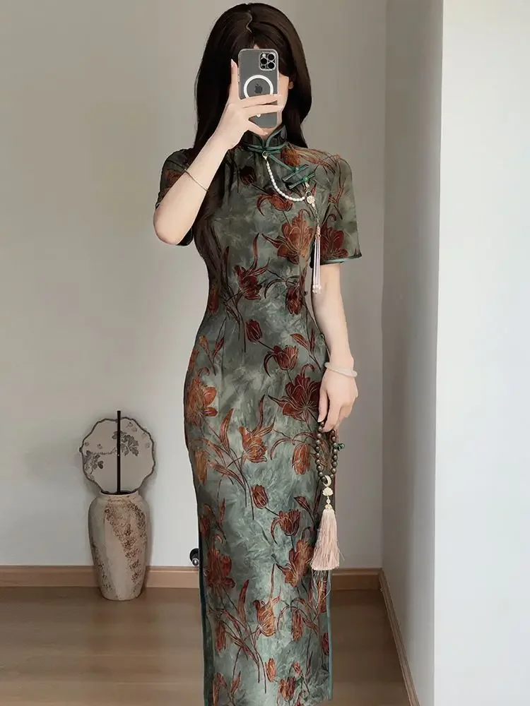 

Новое платье Ципао в китайском стиле, улучшенное элегантное темпераментное платье Ципао с короткими рукавами для молодых девушек, современные длинные вечерние платья