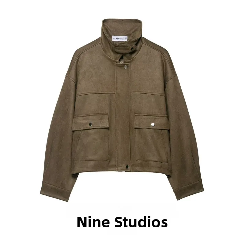 

Свободная замшевая куртка-пилот Jaet, женская повседневная верхняя одежда с высоким воротником, длинная застежка на пуговицы све, длина, летняя мода