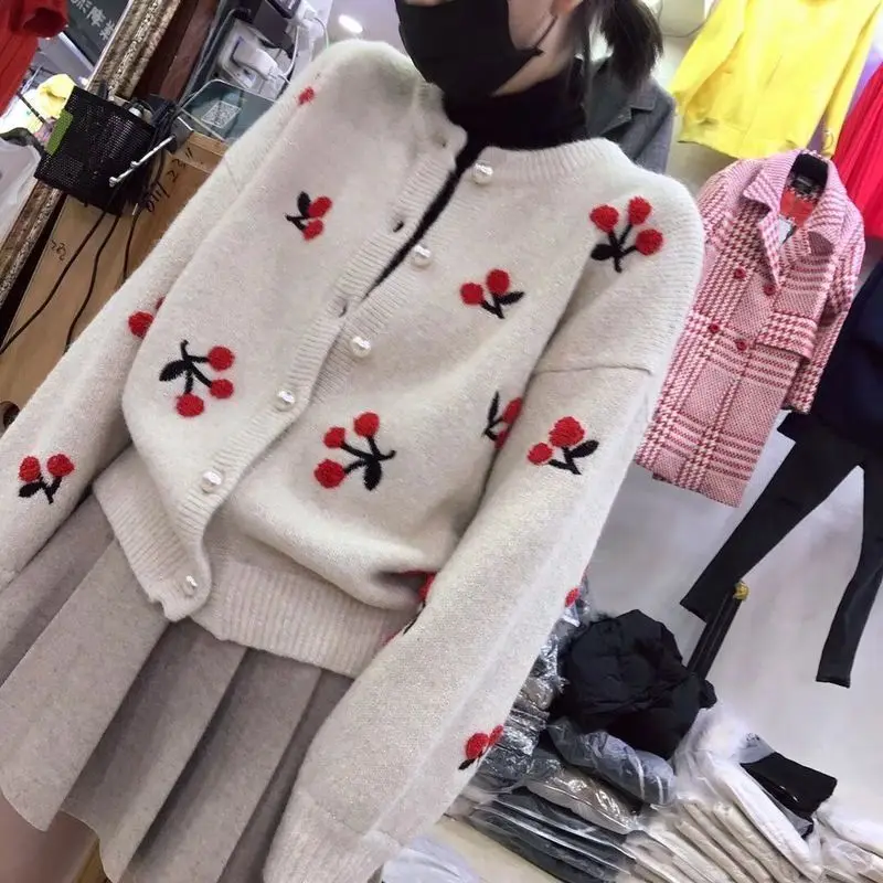 Spring Autumn Womens Cherry Pattern Short Knitted Cardigan Sweater Coat