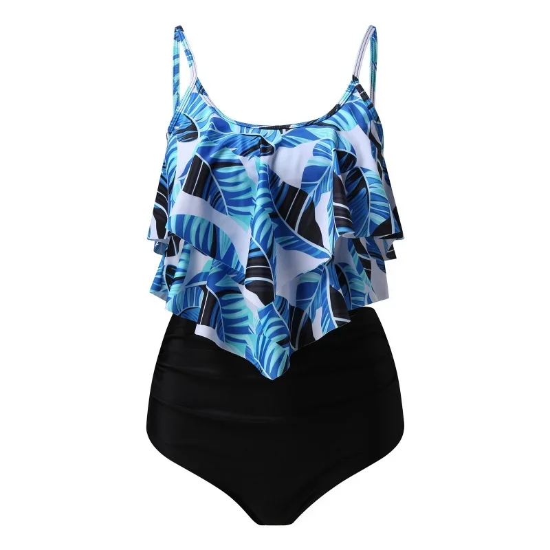 

Sexy Split Women Swimsuit Two Piece Set Print Layered Ruffles Suspender Tops High Waist Bikini 2025 New Bathing Suit Beachwear