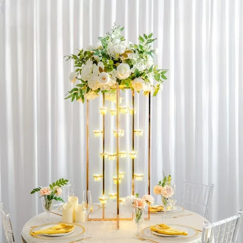 4 Golden Iron Rack Cup Candle Stand For Wedding Table Centerpiece Stage Roadside Flower Stand Flower Holder Backdrops Decoration