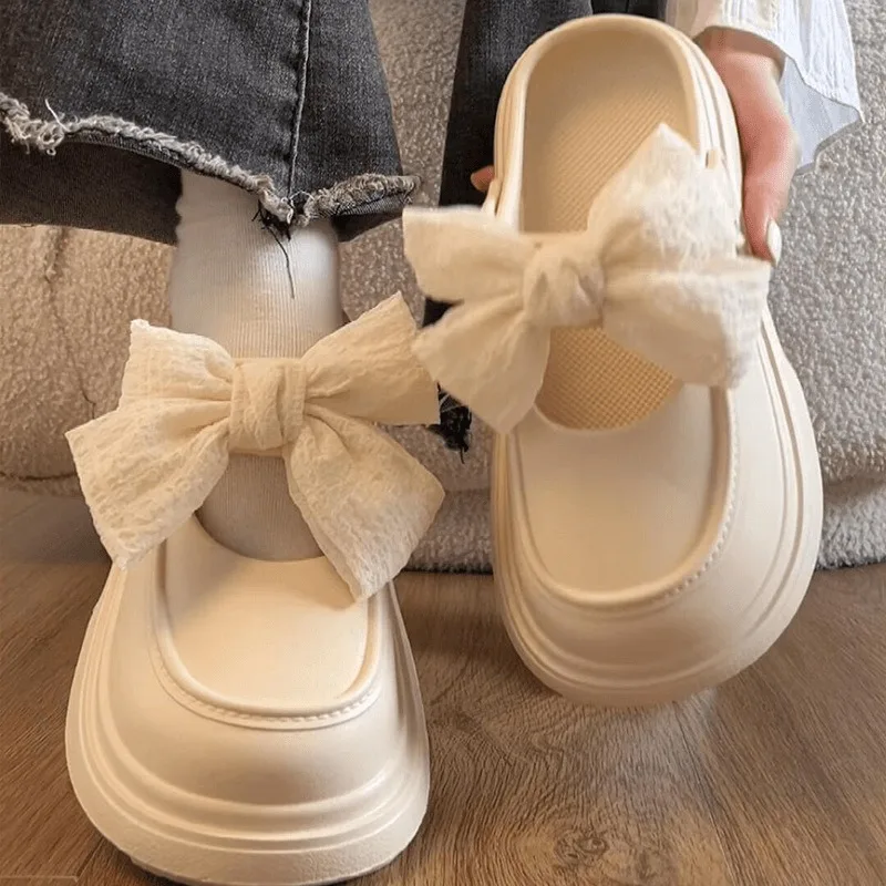 Cute Bow-wrapped Head Half Slippers Female Summer Wear 2024 New Double Wear Thick Bottom Hole Sandals