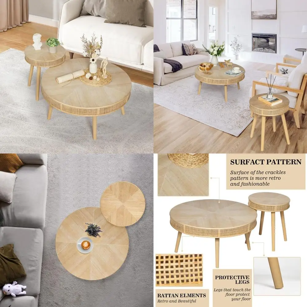 مجموعة طاولة القهوة المتداخلة من الروطان الريفي لغرفة المعيشة، طاولات جانبية للأريكة المستديرة مصنوعة يدويًا #1