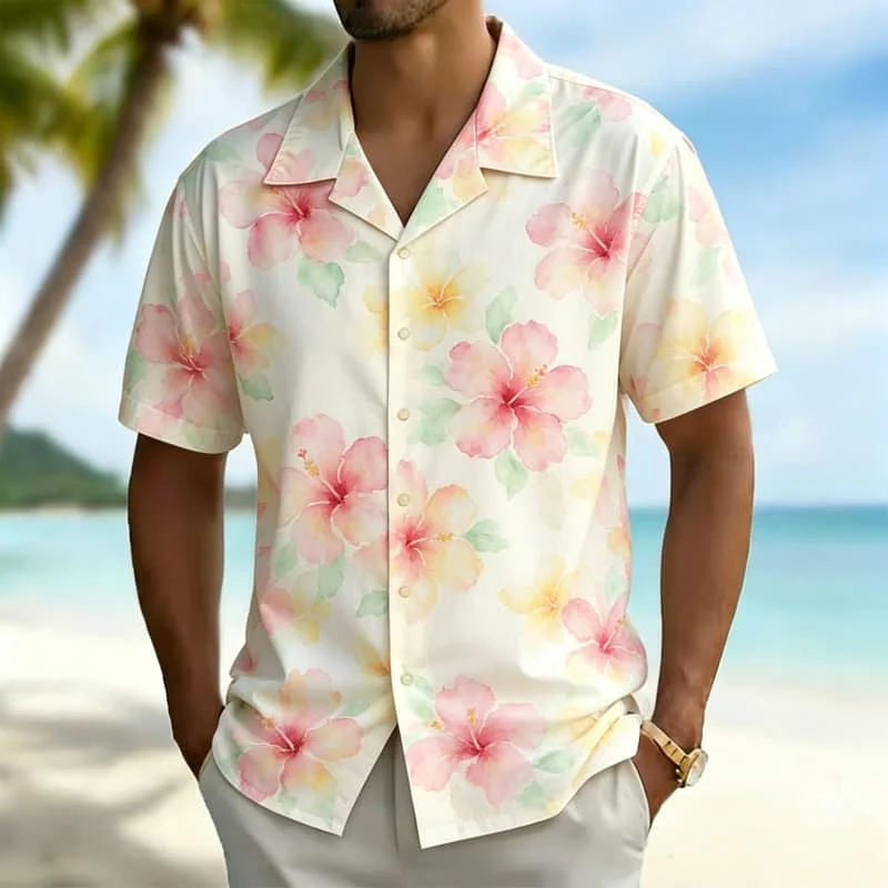 Men's tropical style watercolor printed Hawaiian shirt, for beach leisure, family travel, daily styling, and summer outings