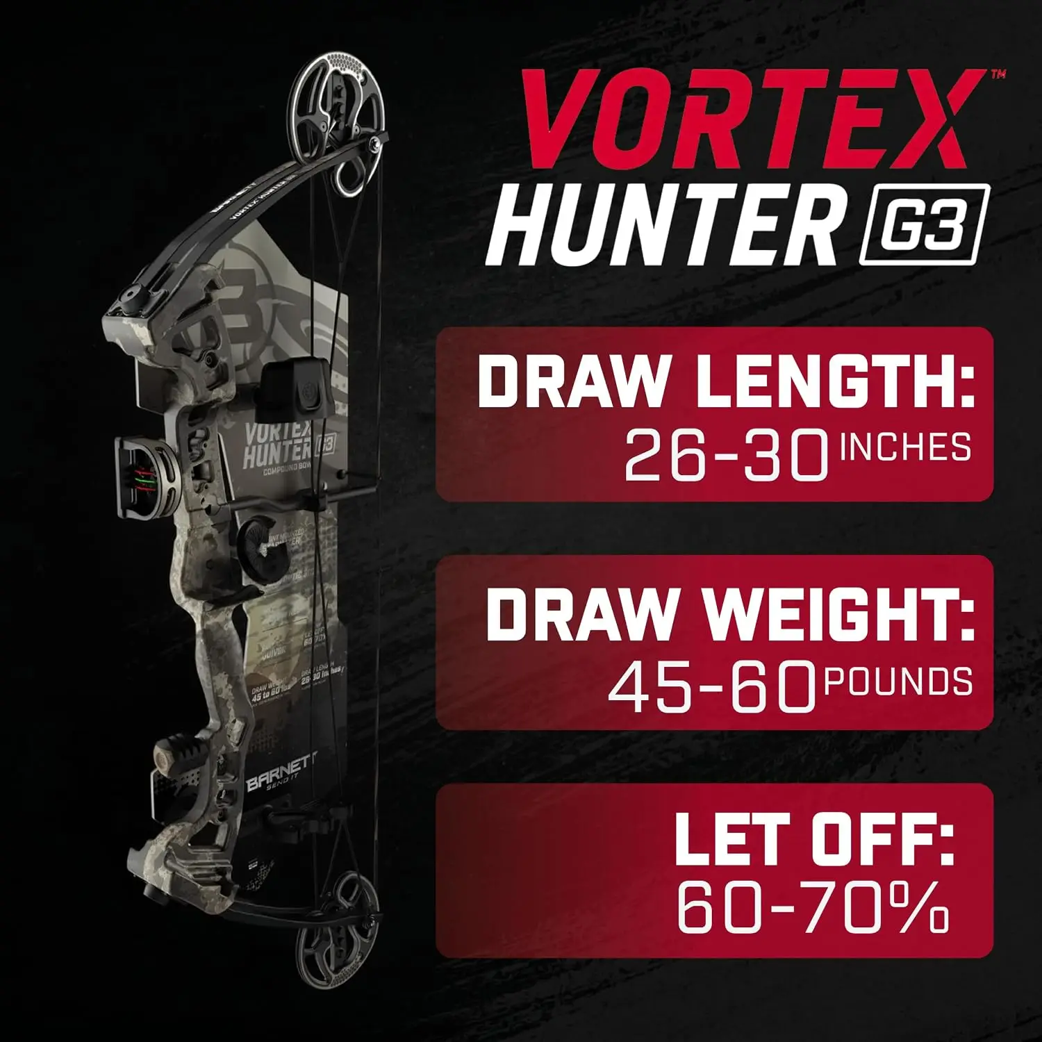 Compound Bow, 45-60 lb Draw Weight, 26-30 in Draw Length, Camouflage Finish, Comes with D-Loop, Arrow Rest, and Quiver