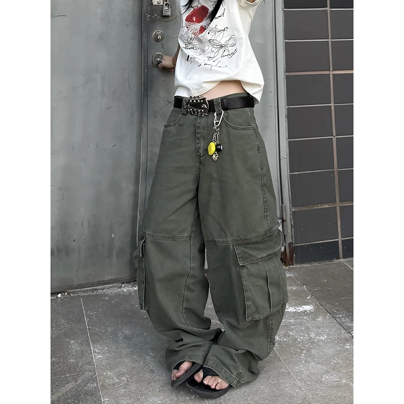 

Y2k Women's Green Cargo Pants Baggy Harajuku Streetwear Straight Pants 2000s Parachute Pants Vintage Trousers Clothes Fashion