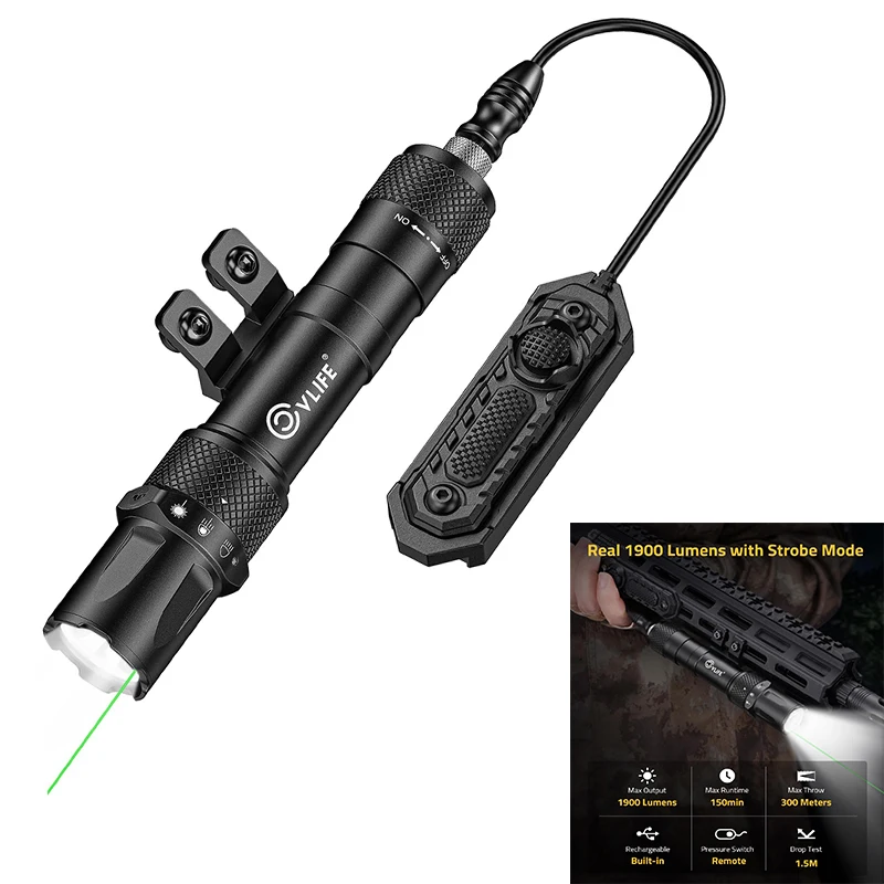 

CVLIFE 1900 Lumens Rifle Tactical Flashlight Green Laser Light Compatible with M-Rail Rechargeable with Remote Pressure Switch