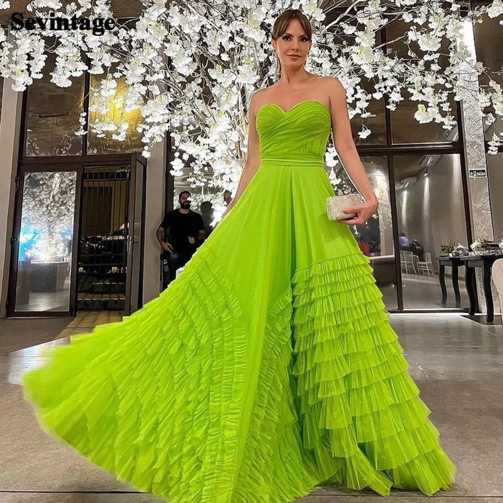 Customized Mint Green Tulle Long Prom Dresses A  Line Sweetheart Tiered Women Formal Gowns Floor Length Evening Party Gown 2023