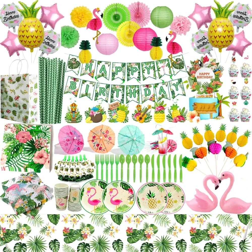 

Hawaiian Flamingo Kids Birthday Party Supplies Disposable Tableware Paper Plates Cups Napkins Banner Balloons Party Decorations