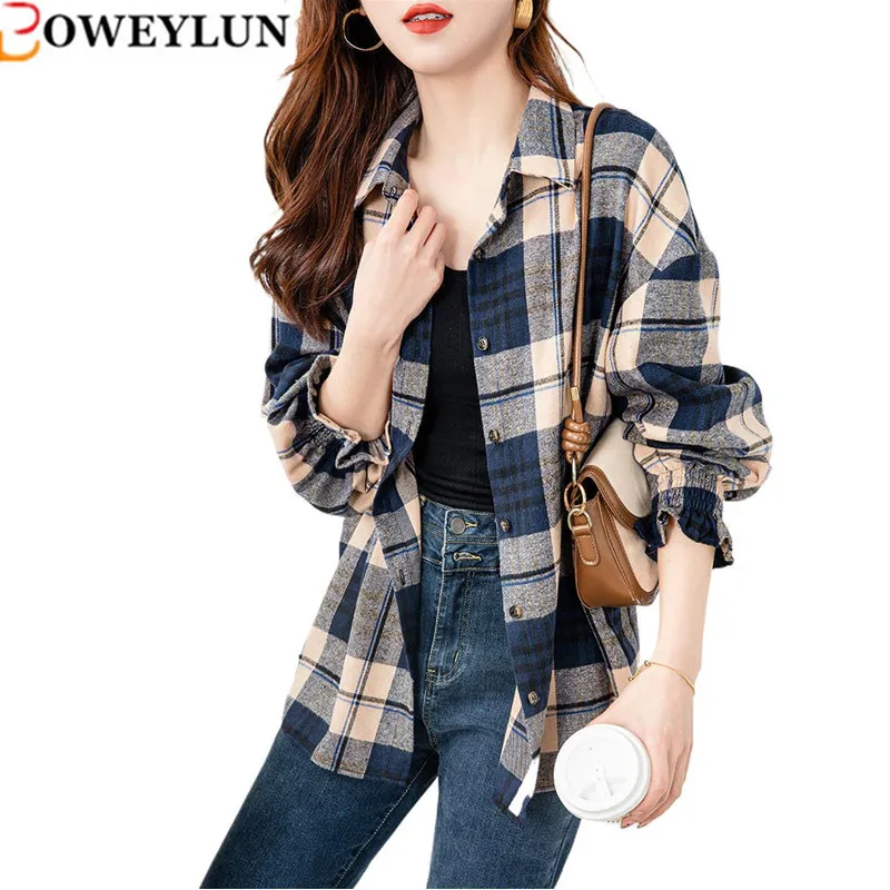 

BOWEYLUN Petal Sleeve Plaid Long Sleeve Shirt Spring and Autumn Casual Polo Collar Blouse Female