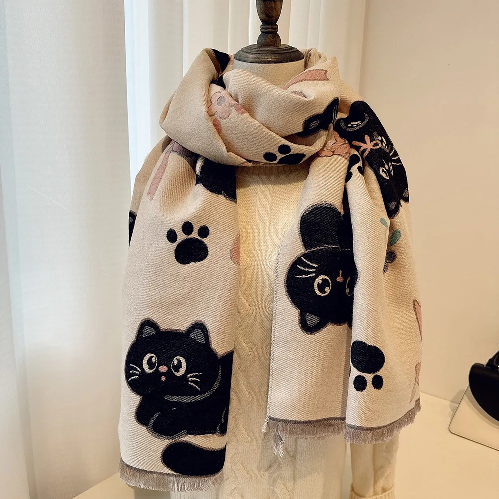 2025 winter new sweet bow cat jacquard imitation cashmere scarf girls warm versatile cartoon shawl