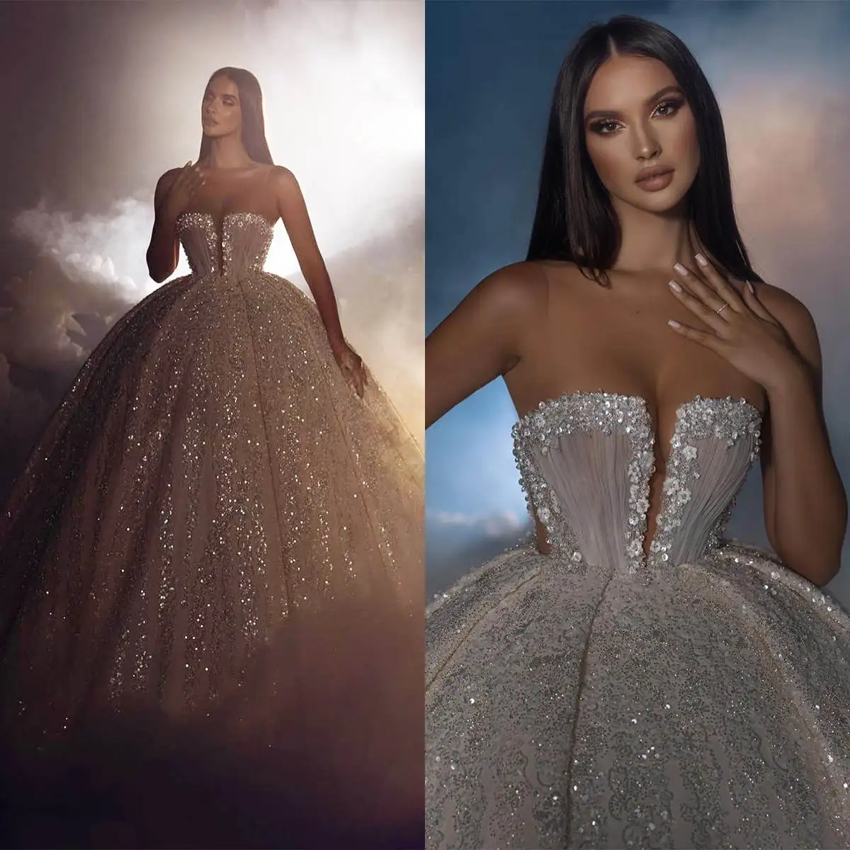 Exquisite Ball Gown Wedding Dresses Backless Shiny Paillette Appliques Bridal Gown Cathedral Train Vestidos De Novia Customized