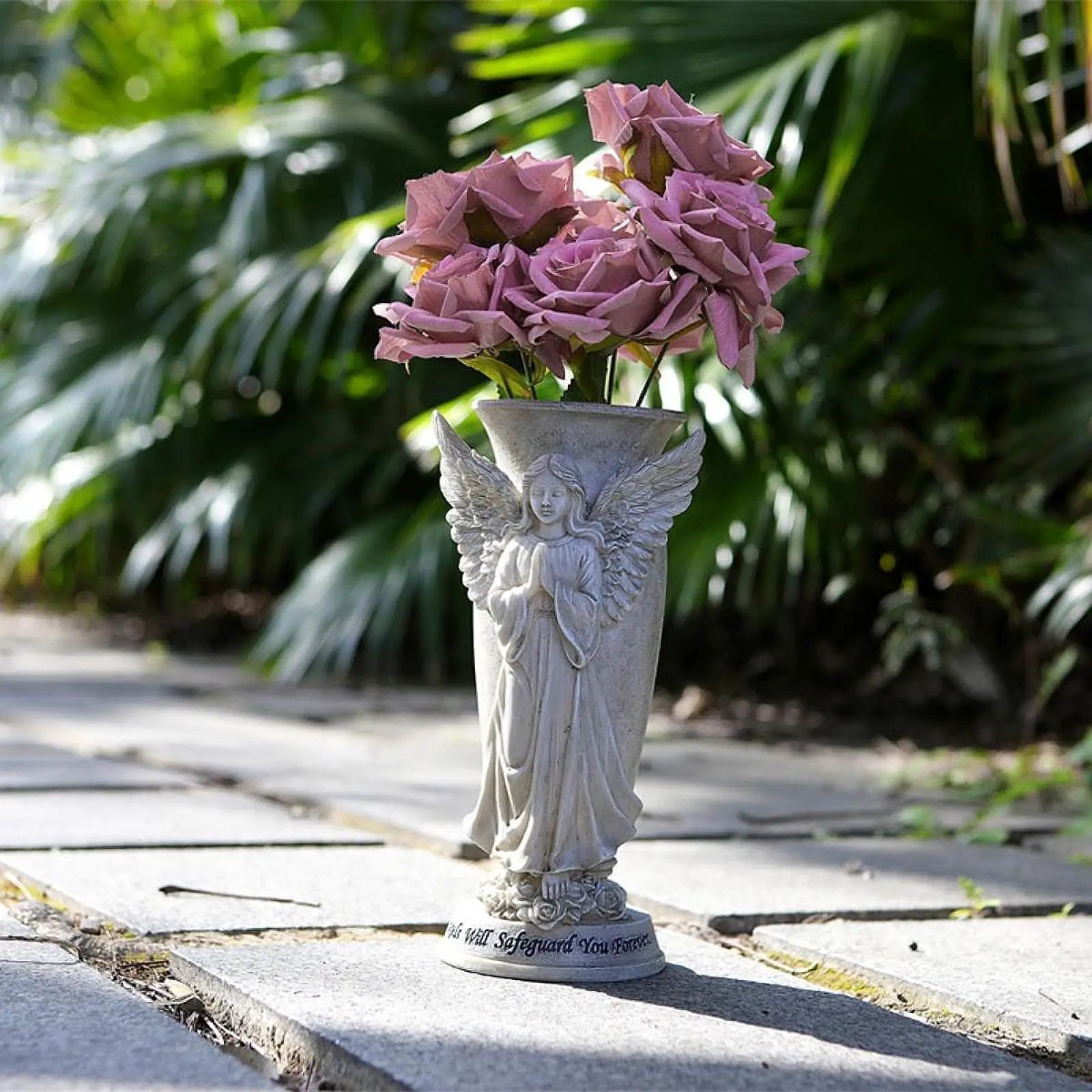 Resin Angel Pray Flower Vase Elegant Memorial Bouquet Vase with Drainage Hole for Grave Decoration