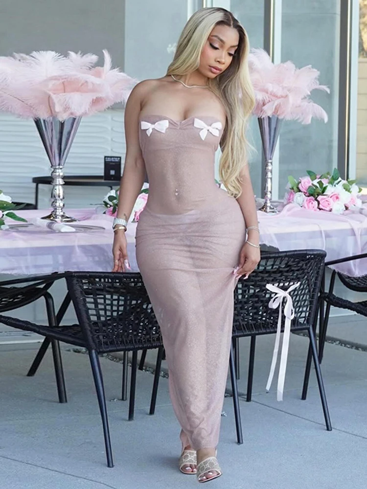 Sibybo Strapless See Through Maxi Dress Women Summer Sundress Fashion Bows Sleeveless Backless Slim Party Clubwear Sexy Dresses