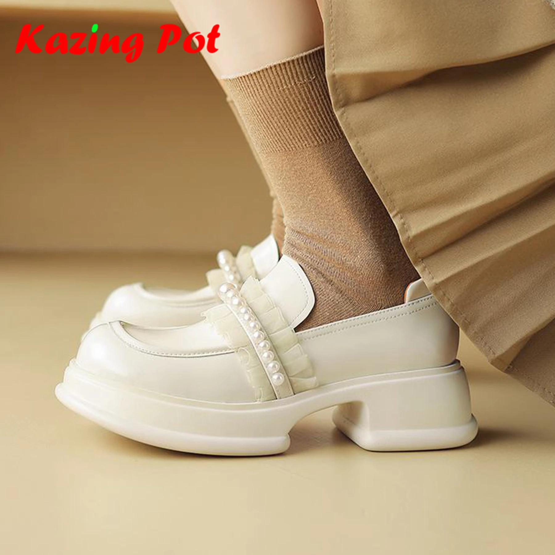 

Krazing Pot Genuine Leather Autumn Shoes Pearl Beading British School Platform High Heels Leisure Slip On Ruffles Women Pumps