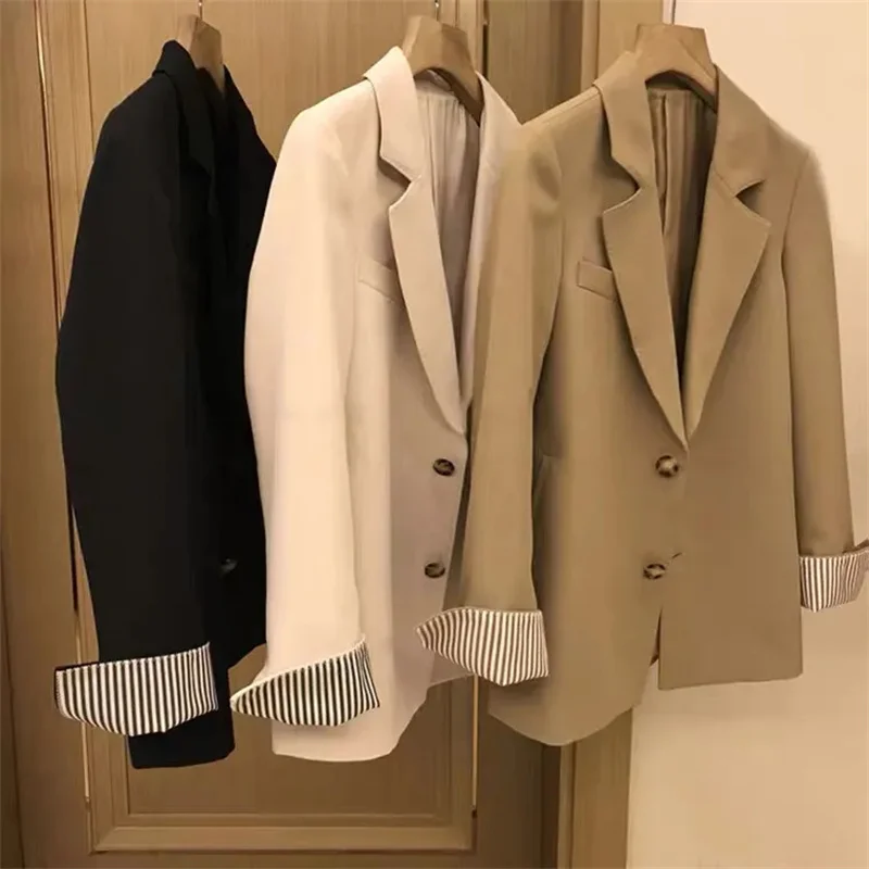 

2026Spring Summer Elegant Office Lady Coat Loose Solid Thin Long Sleeved Women Blazer All-Match Casual Jacket Multi-Color Pocket