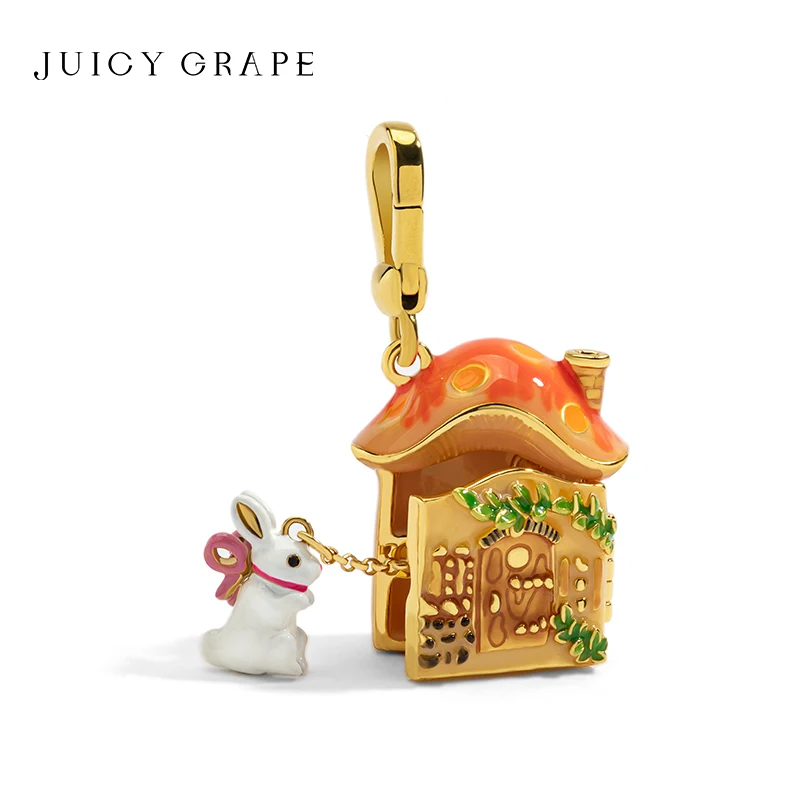 JUICYGRAPE Mystical Mushroom House Pendant Necklace Adorable White Rabbit Charm Sweater Chain Keychain 18K Gold Plated Enameling