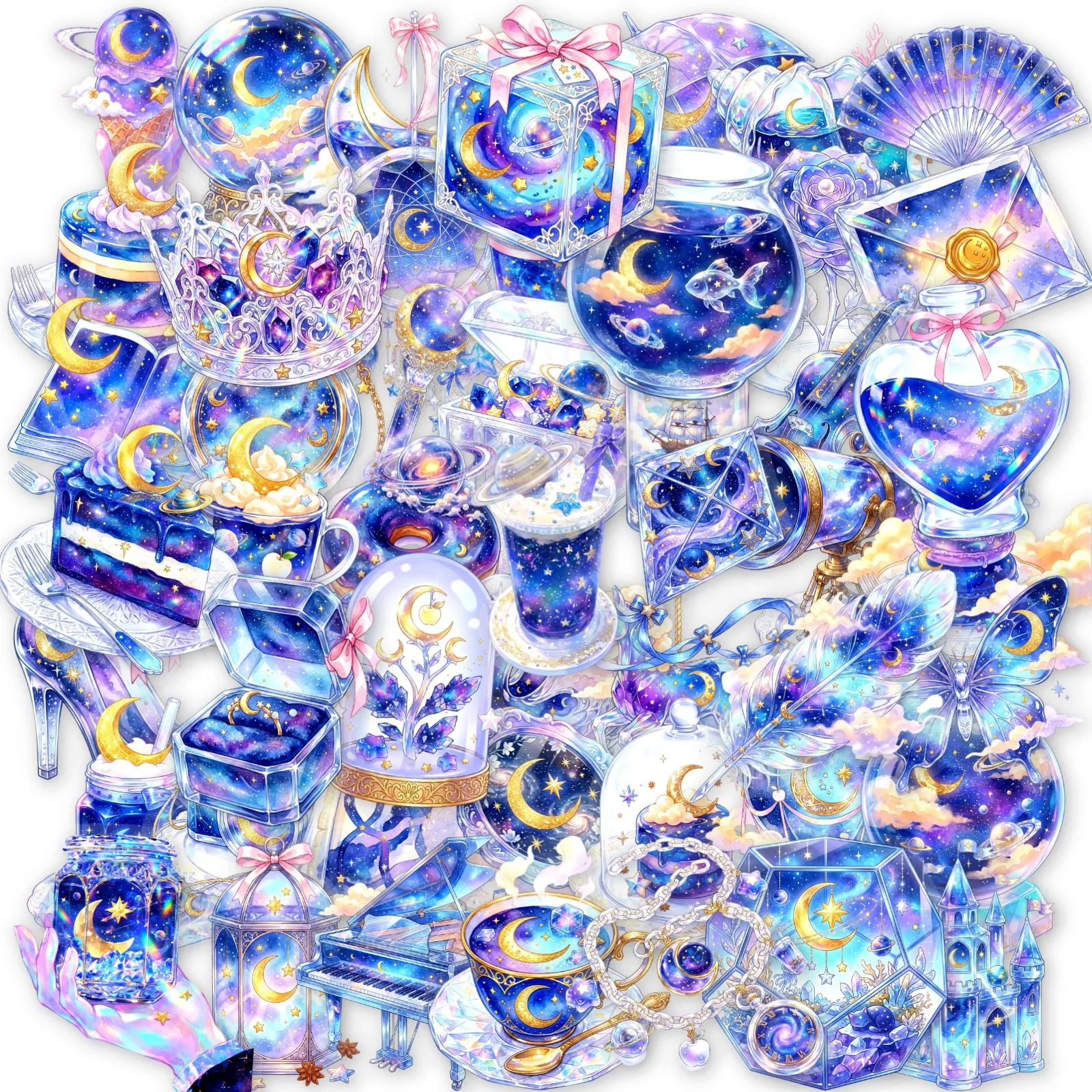 50-Pack Blue-Violet Galaxy Crystal Dream Stickers Waterproof Guitar Computer Notebook Stationery PET Plastic Decals