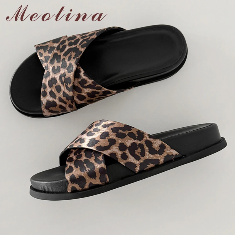 Meotina Women Genuine Leather Slides Round Toe Flat Concise Platform Sandals Casual Slippers Ladies Fashion Shoes Summer Leopard