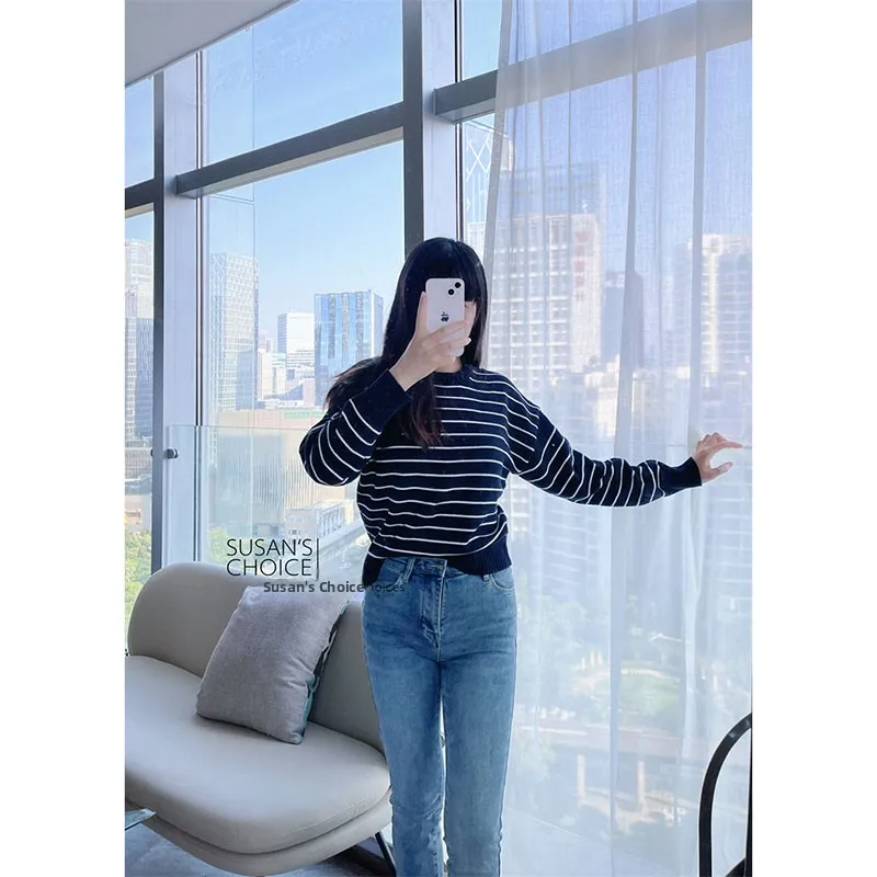 

Модный классический вязаный длинный свитер в синюю полоску Susan Lazy Sle Commute с v-образным вырезом на пуговицах Осенняя одежда стандартного кроя