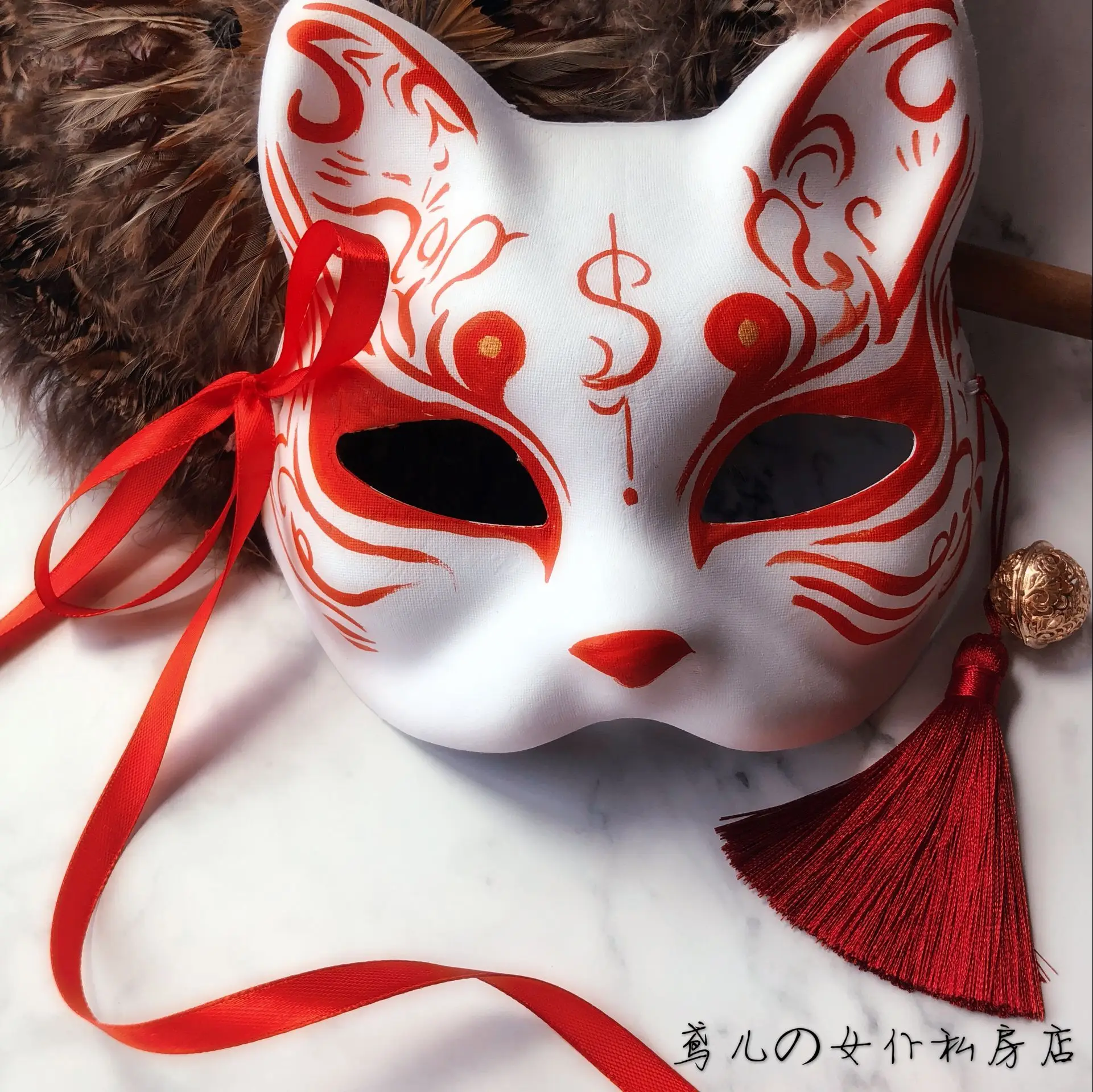 Hand painted mask the fox and the wind cos small fox spirit tassel bells