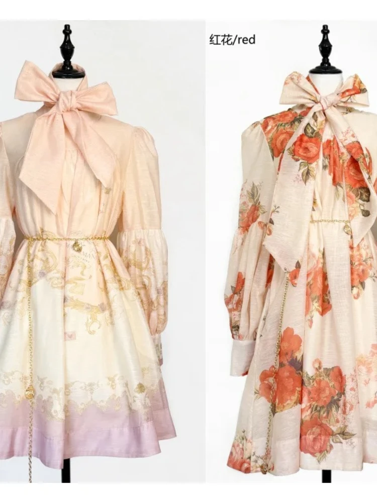 Australia Z BrandRetro Printed Stand Up Collar Bubble Sleeves Loose Umbrella Skirt Short Skirt Dress