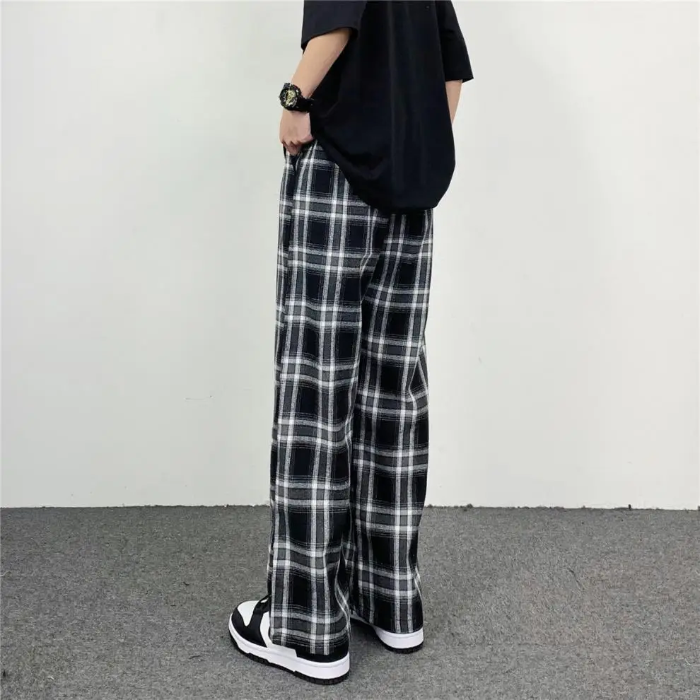 Hip Hop Man Pants Plaid Wide Leg Pants Casual Straight Trousers for Male/ Harajuku Elastic Waist Spring and Autumn Men Clothing