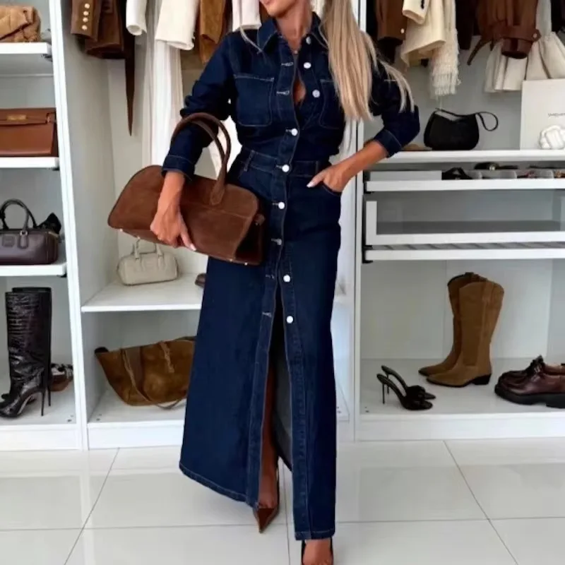 French Vintage Style Long Sleeve Denim Dress Women's High Waist Single Button Cuffed Neckline Sexy New Model A-Line Skirt