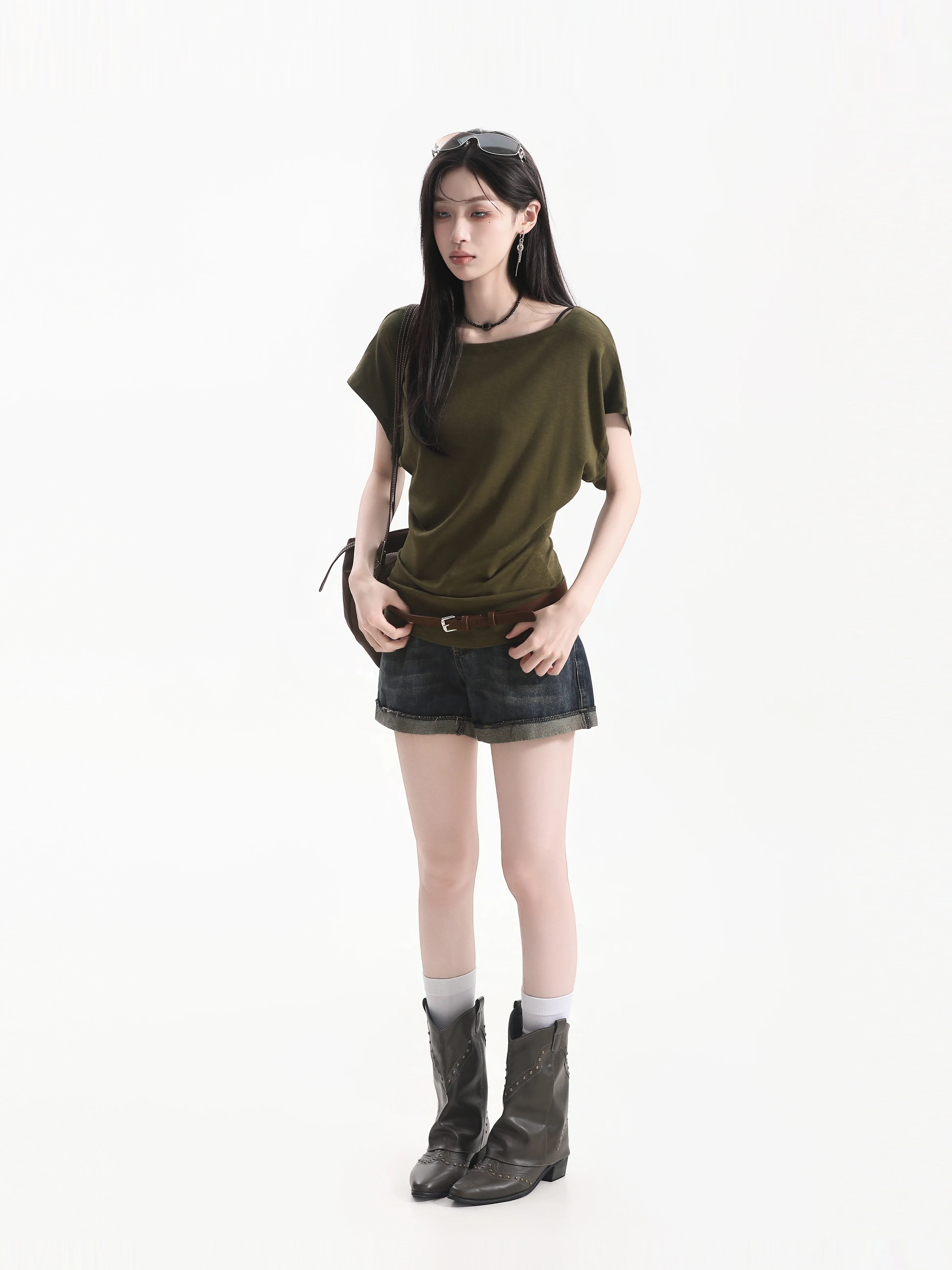 Retro Green Loose Slim Short Sleeve T-Shirt Women's Sexy Oblique Shoulder Waist Cinched Pleated Top Casual Style Cotton Blend