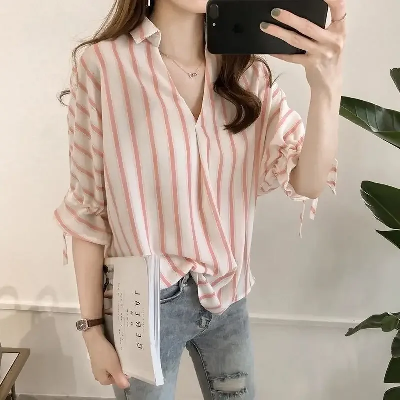 Striped Women's Shirt And Blouse V Neck Female Tops Half Sleeve Clothing Trend 2024 Pretty Elegant Youthful Emo Promotion Youth