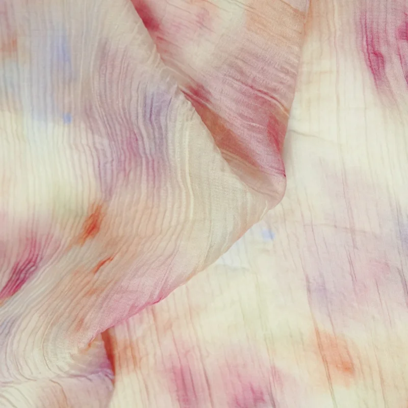 Soft semi-transparent pink, purple, and yellow gradient vertical stripe pleated Tencel linen fabric for shirts and skirtsB