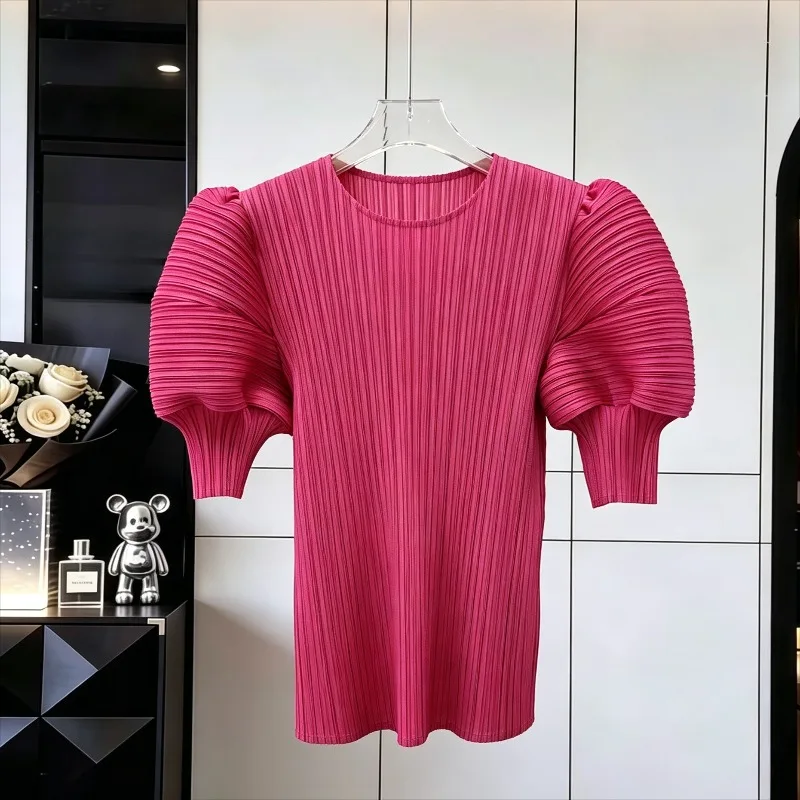 Miyake Pleated T-Shirt Fashion Summer New Round Neck Puff Sleeve Top Women's Lightweight Stretchy Draped Korean Style Clothing