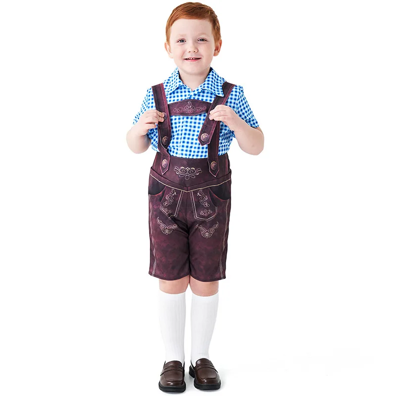 

Boy's beer suit suspenders plaid shirt two-piece three-color suit