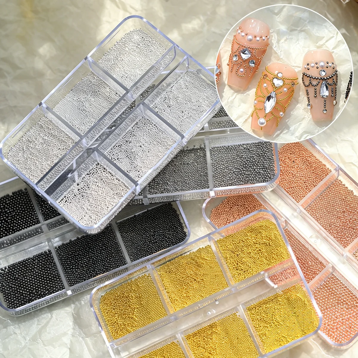 6Grids Mini Caviar Beads Nail Art Decorations Metal Gold/Silver Micro Ball Nail Charms 0.5~1mm Ball Nail Jewelry