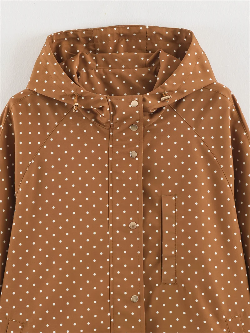 Guobioziy 2026 Autumn Women Polka Dot Hooded Jacket Zip Snap Button Front Raglan Sleeve Elastic Cuff Loose Casual Outerwear