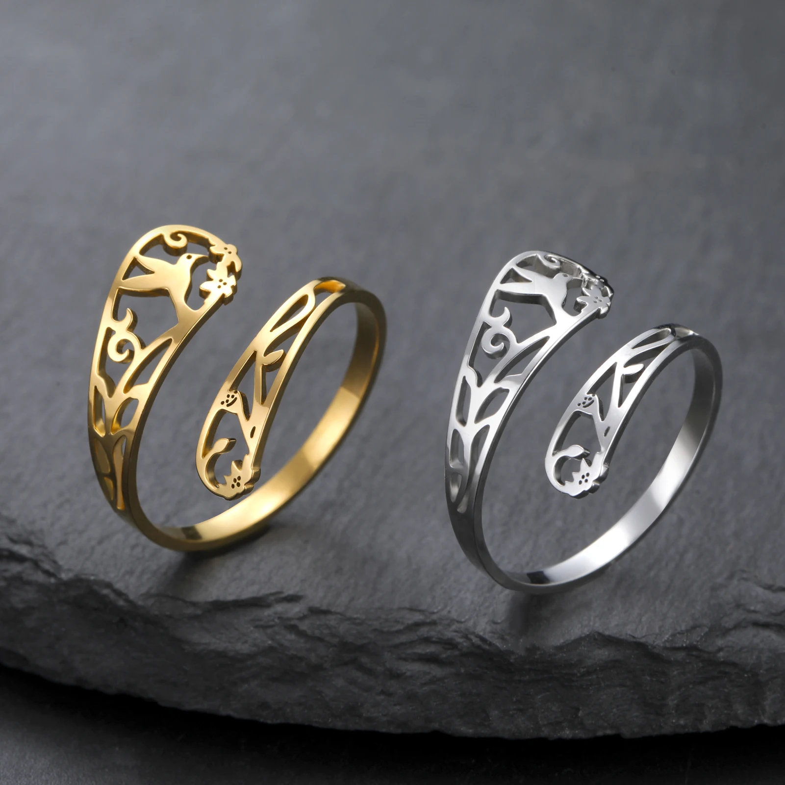 

Ladies' flower and bird lace-up ring, made of stainless steel, forest natural harmony accessories, adjustable ring, new model 20