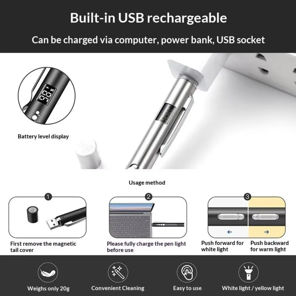 Portable Medical Pen Light for Examination Dual White Yellow Light Power Indicator Pupil Ruler for Doctor Nurse Diagnosis