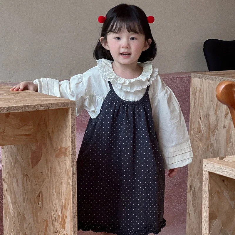 

2025 Autumn 2-7Y Girl 2-Piece Set Korean Vintage Lace Ruffle Shirt & Polka Dot Cami Dress Soft Sweet Style Girl Clothing