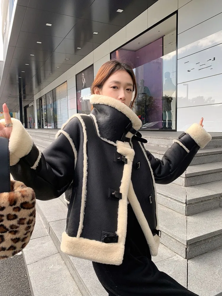 Luxury Women Winter Thick Warm Wool Lining Moto Biker Natural Shearling Coat Real Fur Jacket Boyfriend Style Loose Fit Overcoat