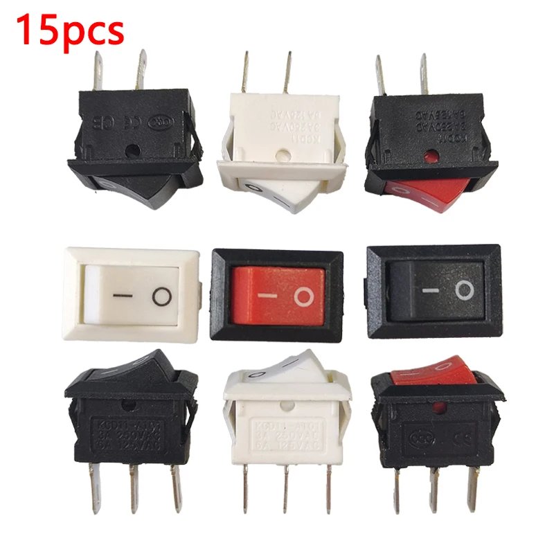 15Pcs Small Rocker Switch Kcd11 10x15mm Black Red And White Mini Push Button ON-OFF Snap-In 2Pins/ 3Pins 3A 250V AC/ 6A 125V AC