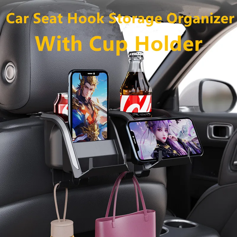 

Universal Vehicle Car Seat Headrest Hook Hanger Storage Organizer With Cup Holder Handbag Phone Support Interior Accessories