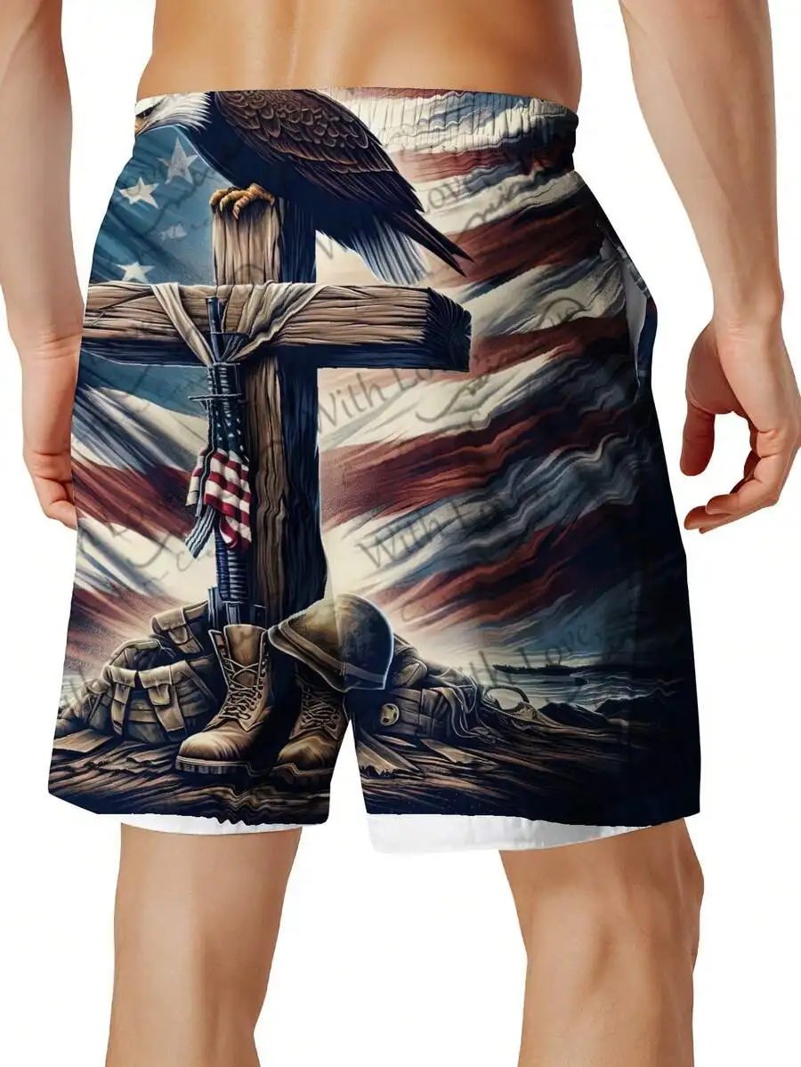 

Patriotic Eagle Cross Soldier Print Beach Shorts Men Drawstring Swim Trunks