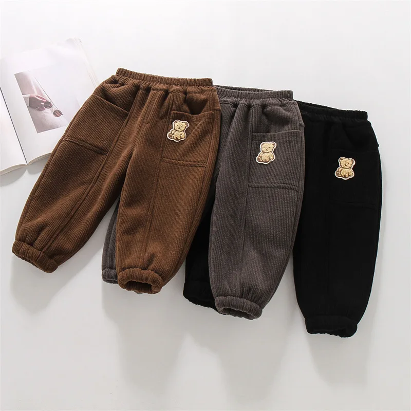 2024 Ins Autumn Winter Kids Baby Boys Trousers Cartoon Bear Fleece Thickened Warm Children Boys Jogger Pants Toddler Boys Pants