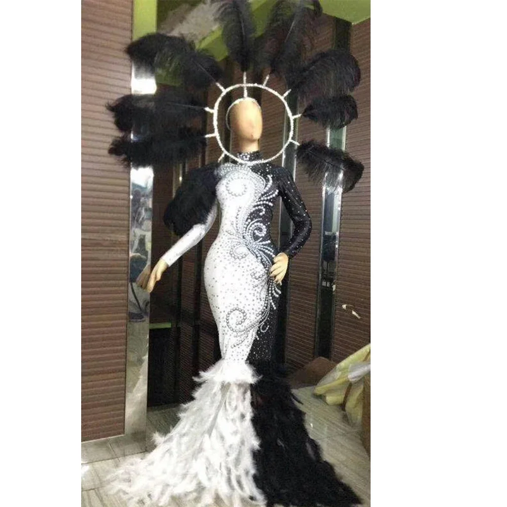 

Sparkly Rhinestones Women Mermaid Tailing Dress White Black Stitching Feather Evening Party Birthday Celebrate Long Outfit