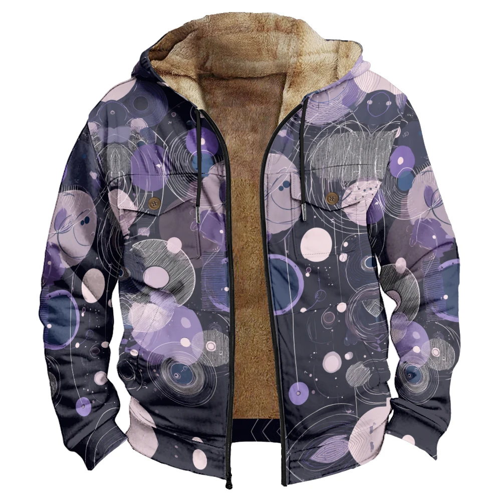 

Unisex Vintage-Style Hooded Jacket Coat with Multicolor Circular Prints Cozy Fleece-lined Winter Warmth Fashion Trendy Outerwear