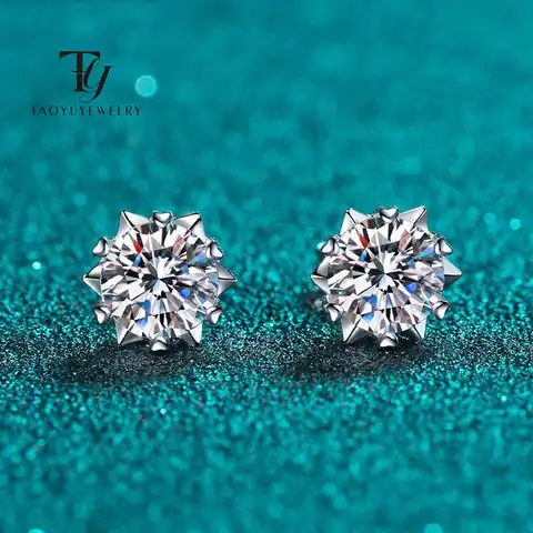 TY 925 Sterling Silver Moissanite Stud Earrings 1CT 2CT White Sterling Sier D VVS1 Lab Dia Snowflake Ear Studs For Women