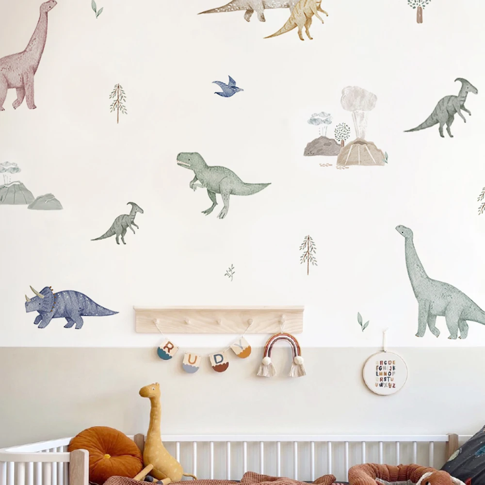 Nordic Dinosaur Wall Decals PVC Self‑Adhesive Forest Wall Stickers DIY Art Mural for Kids Boys Bedroom Nursery Room Home Decor