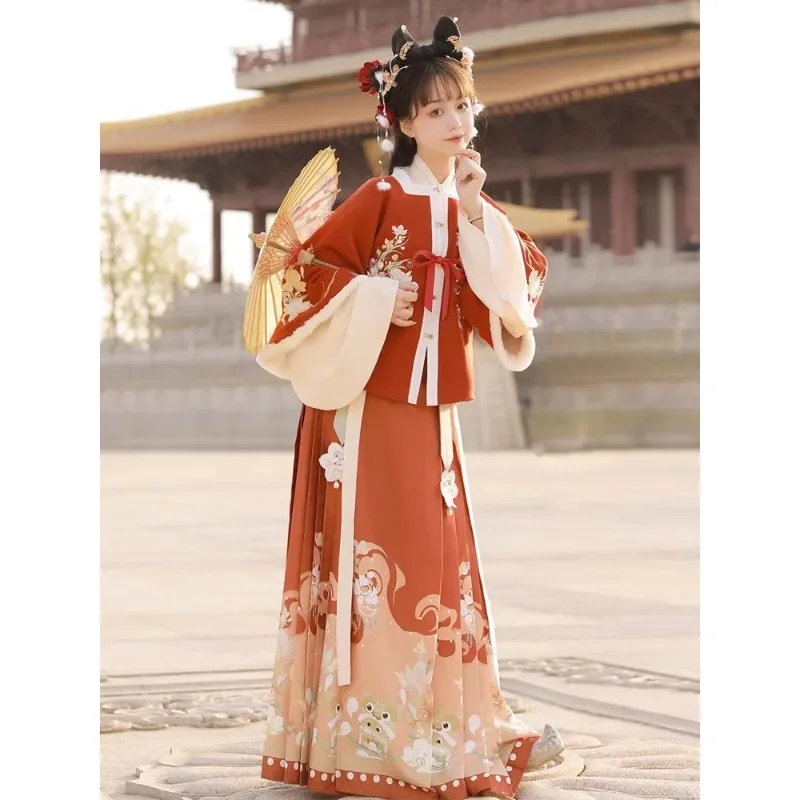 3 Colors Winter Heavy Industry Ming Dynasty Dragon Flower Embroidery Thickened Jacket Top Skirt Hanfu Set Women New Year's Dress